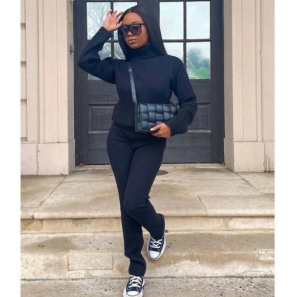 Black Knitted Long Sleeve Turtle Neck Crop Top and Pants Two Piece Set - Picture 8 of 15